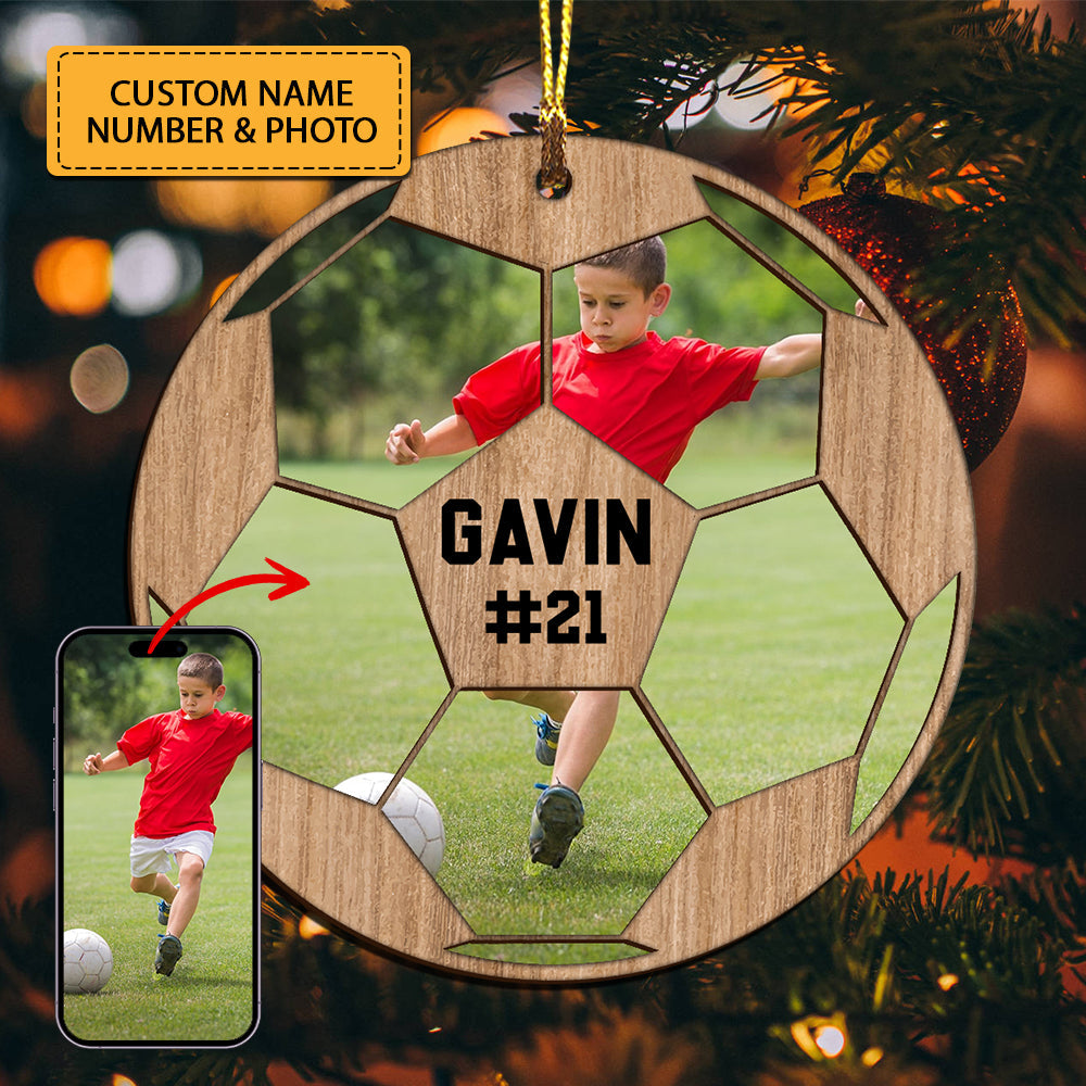 Blisscorners Custom Photo And Name In Ball - Personalized Custom Shaped Wooden Ornament - Gift For Soccer Lover2D Flat LM2111