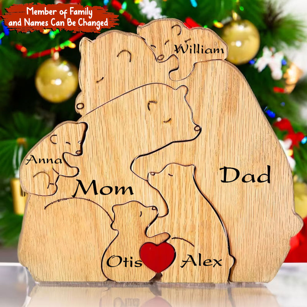 Blisscorners Personalized Bear Family Wooden Puzzle - Puzzle Wooden Bear Family - Wooden Pet Carvings, Gift For Family, Gift For Couple2D Flat LM2111