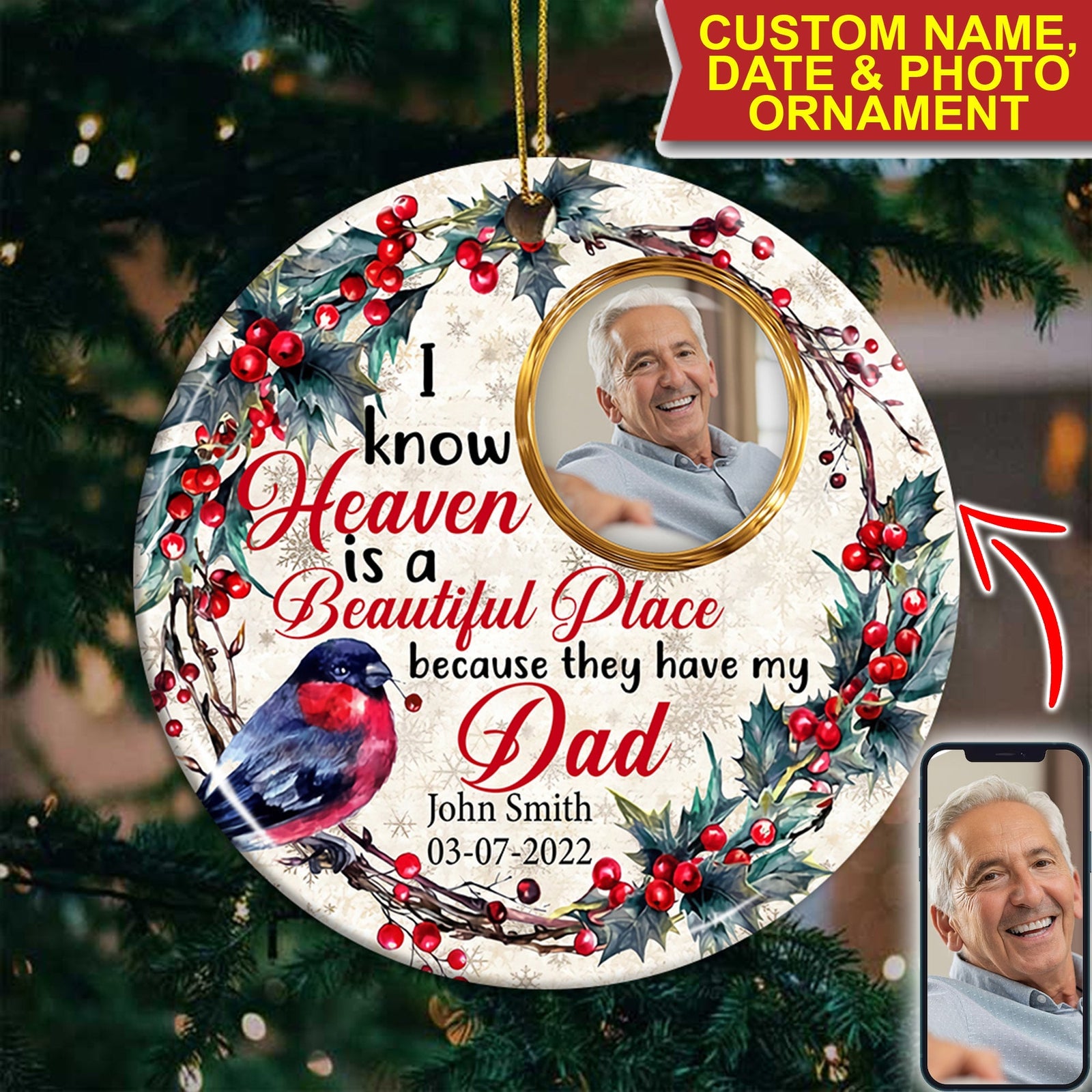 Blisscorners I Know Heaven Is A Becautiful Place - Personalized Photo Ceramic Ornament - Gift For Christmas, Memorial Gift2D Flat LM2111