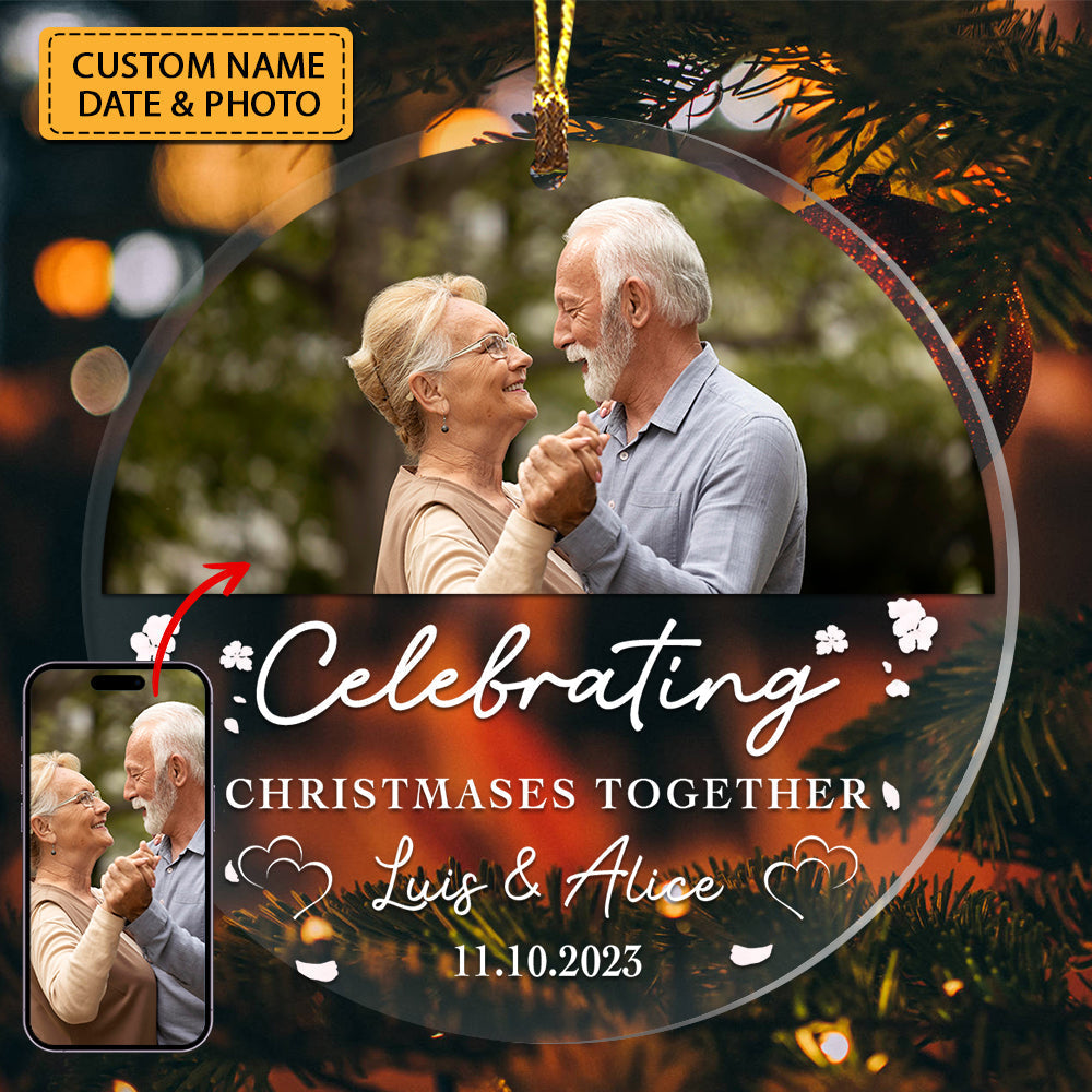 Blisscorners Celebrating Christmas Together - Custom Photo, Names And Date, Personalized Acrylic Ornament - Gift For Christmas, Gift For Couple2D Flat LM2111