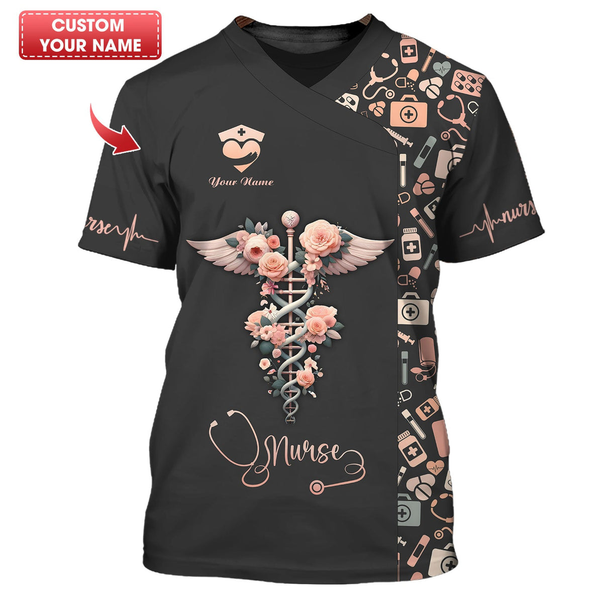 Blisscorners Personalized Nurse Shirt, Floral Caduceus with Angelic Wings Design