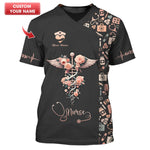 Blisscorners Personalized Nurse Shirt, Floral Caduceus with Angelic Wings Design