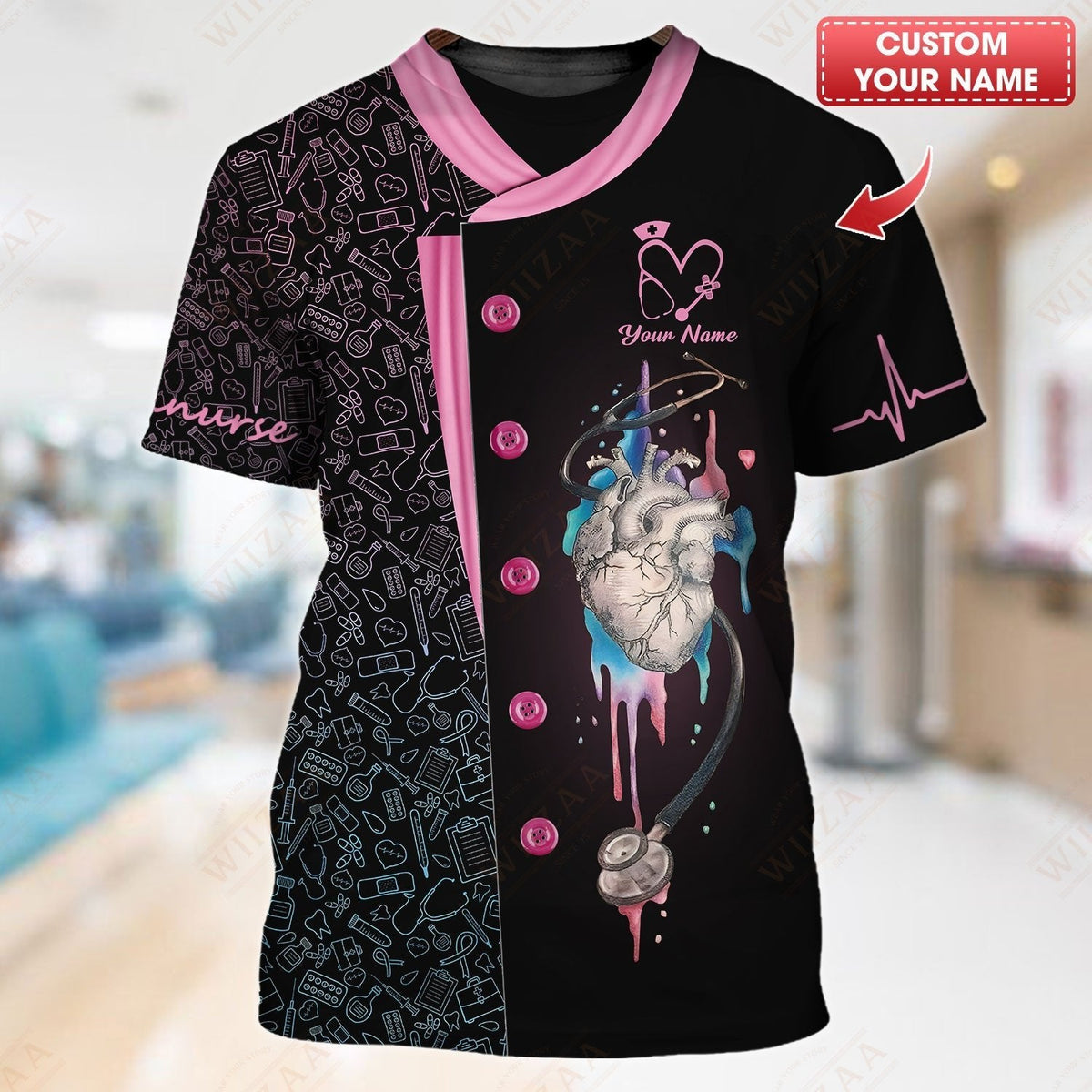 Blisscorners Personalized Nurse Shirt, Anatomical Heart with EKG Pulse Design