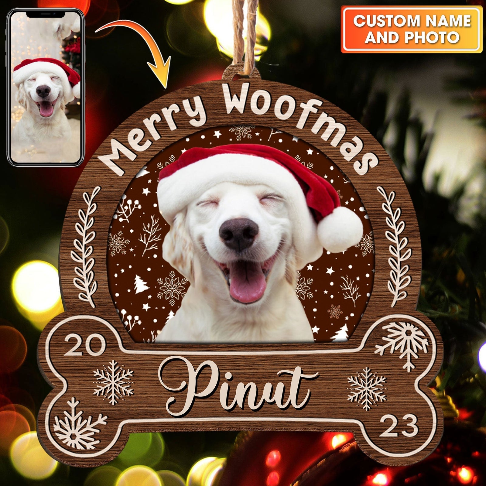 Blisscorners Merry Woofmas - Personalized Snowdome Shaped Wooden Ornament - Gift For Pet Lover2D Flat LM2111