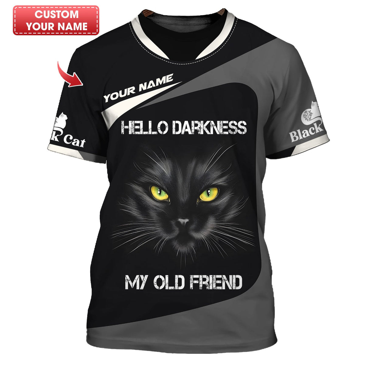 Blisscorners Black Cat Custom Name Shirt Hello Darkness My Old Friend 3D Shirts Gift For Cat Lovers