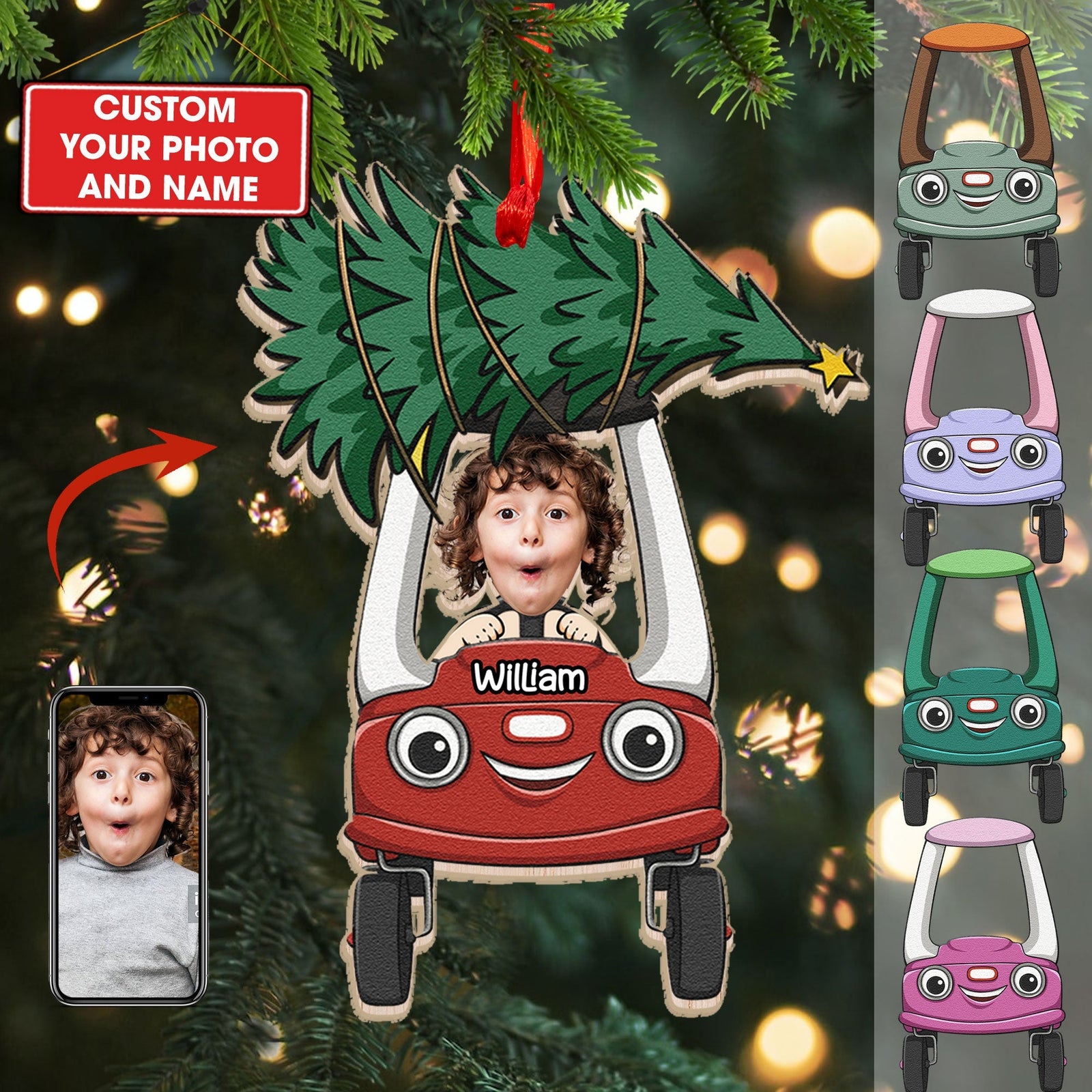 Blisscorners Custom Wooden Ornament, Kid On Car Ornament, Christmas Decor2D Flat LM2211