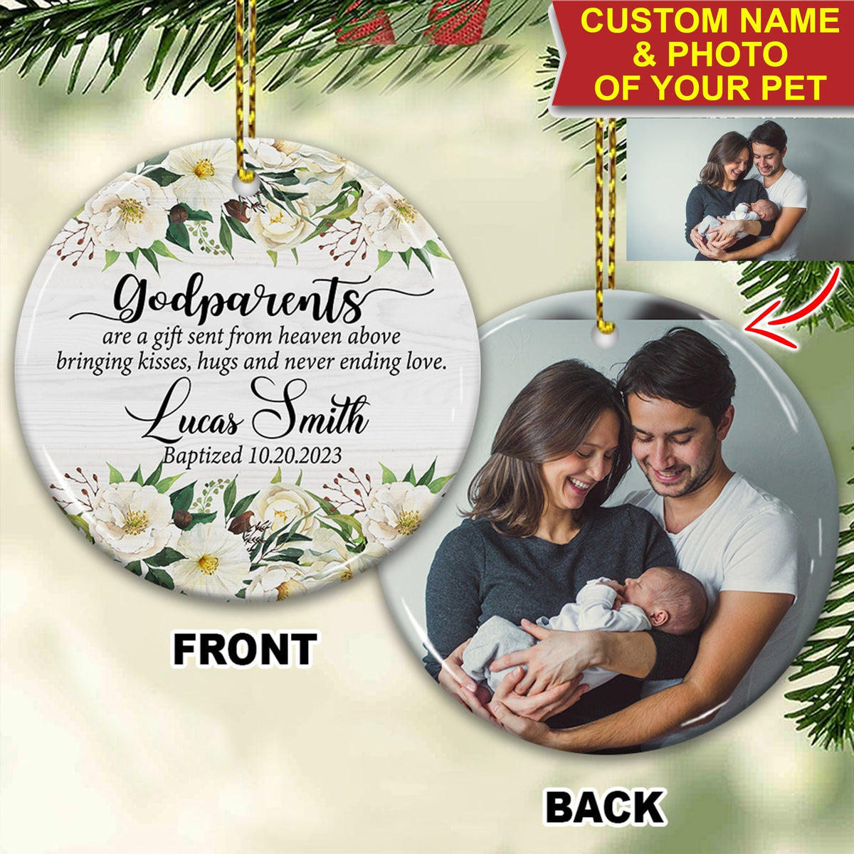 Blisscorners Godparents Are A Gift Sent From Heaven - Custom Photo And Name- Personalized 2 Sides Ceramic Ornament - Gift For Family, Christmas Gift2D Flat LM2111