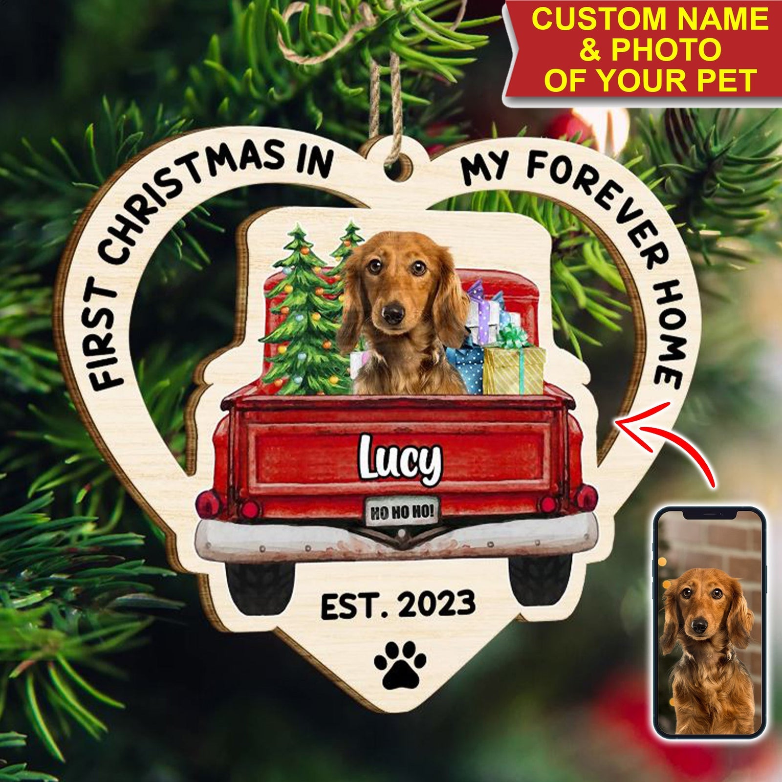 Blisscorners First Christmas In My Forever Home, Custom Pet Photo And Name - Personalized Custom Shaped Wooden Ornament - Gift For Pet Lover, Christmas Gift2D Flat LM2111