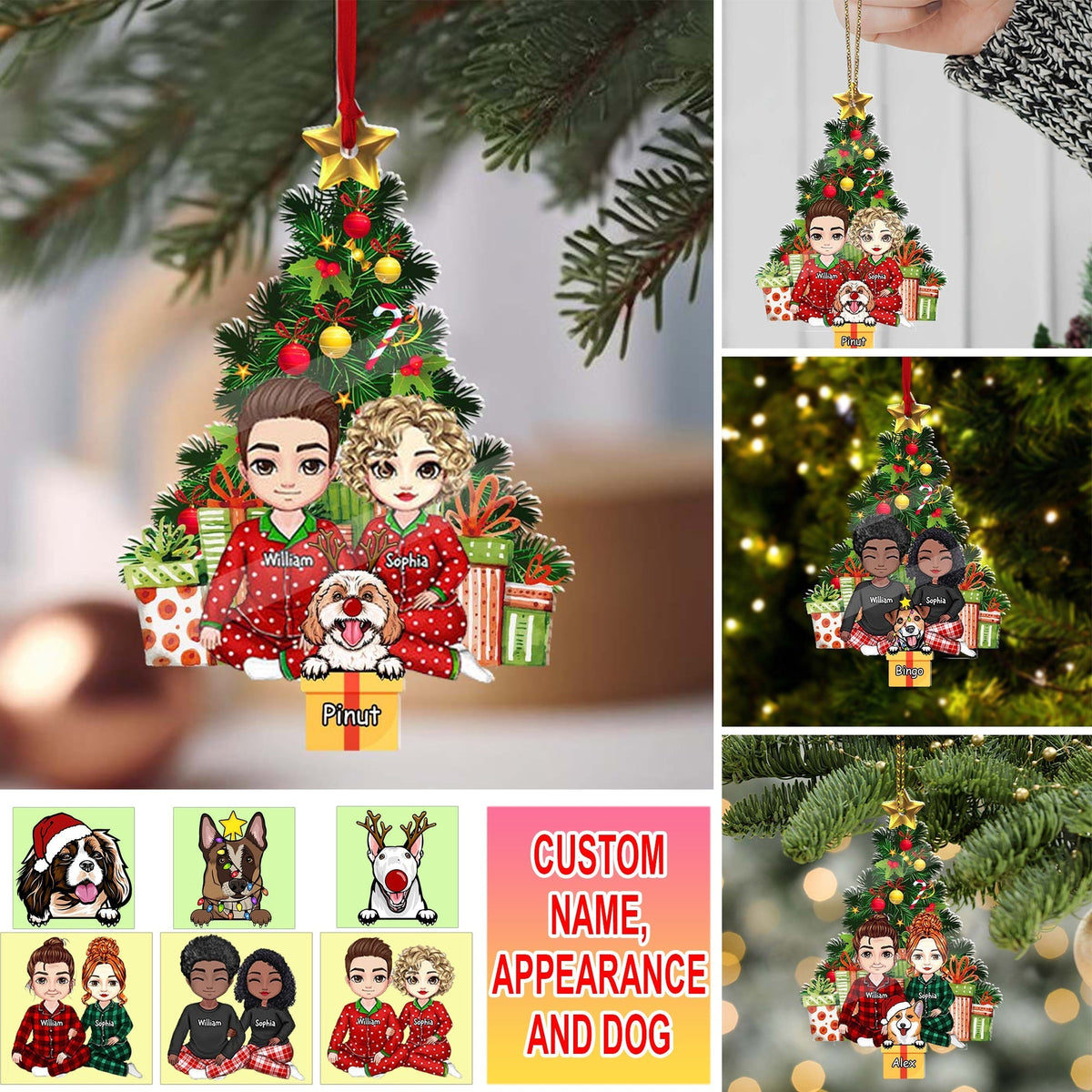 Blisscorners Christmas Couple Sitting With Pet, Custom Appearances And Names - Christmas Gift For Couple - Personalized Acrylic Ornament2D Flat LM2111