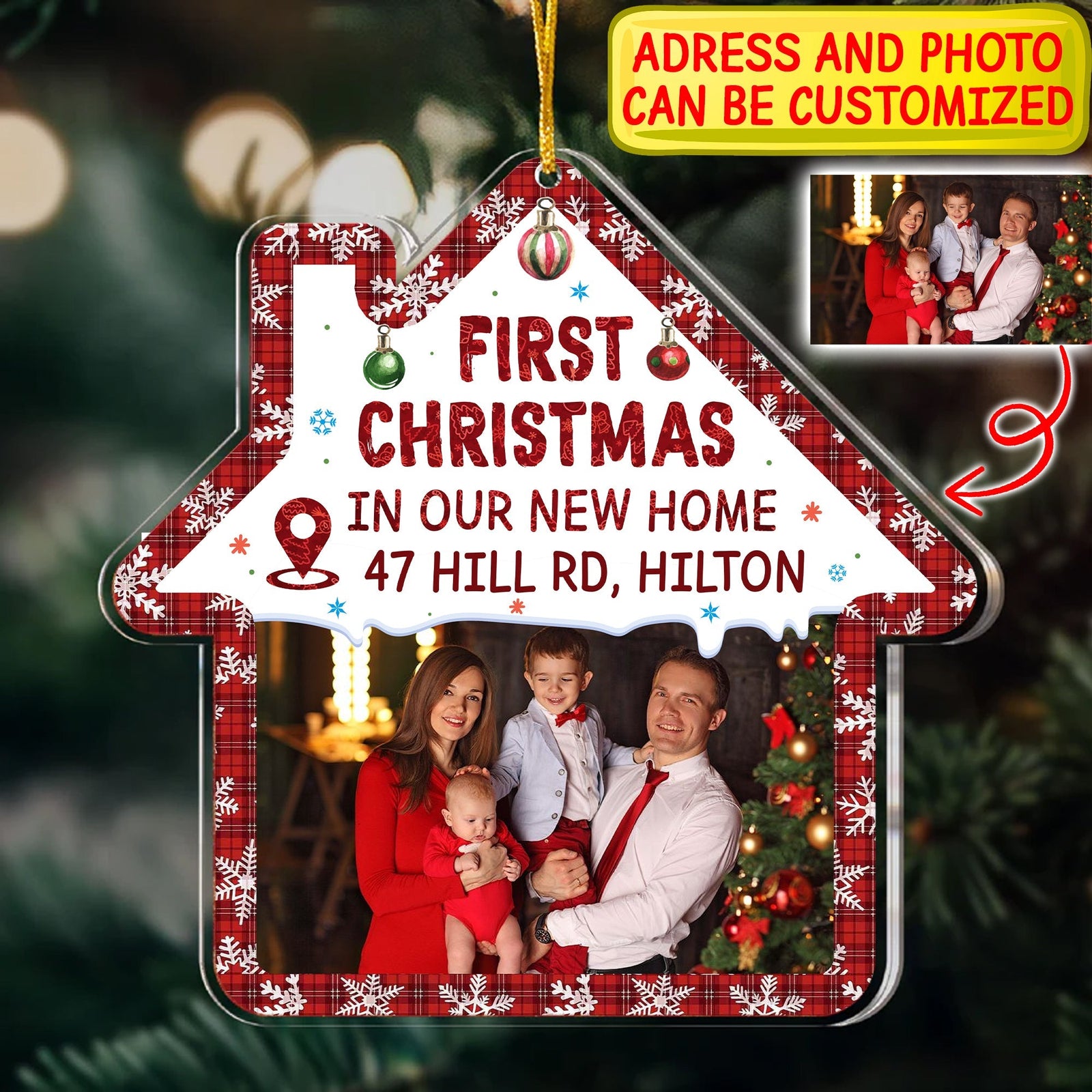 Blisscorners First Christmas In Our New Home - Custom Photo And Address, Personalized Acrylic Ornament - Gift For Christmas, Gift For Family2D Flat LM2111