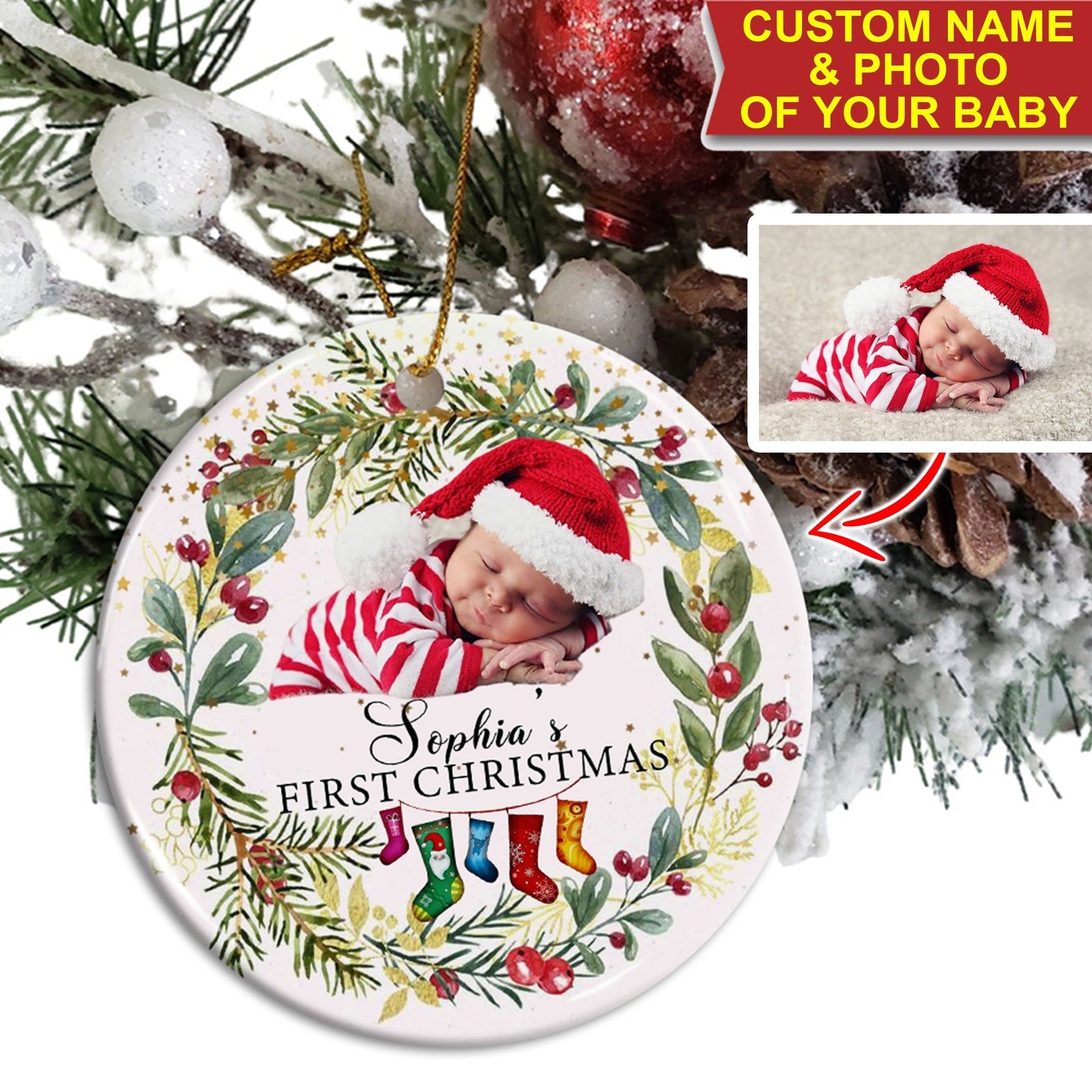 Blisscorners Baby's First Christmas - Personalized Photo And Name Ceramic Ornament - Gift For Christmas, Gift For Family2D Flat LM2111