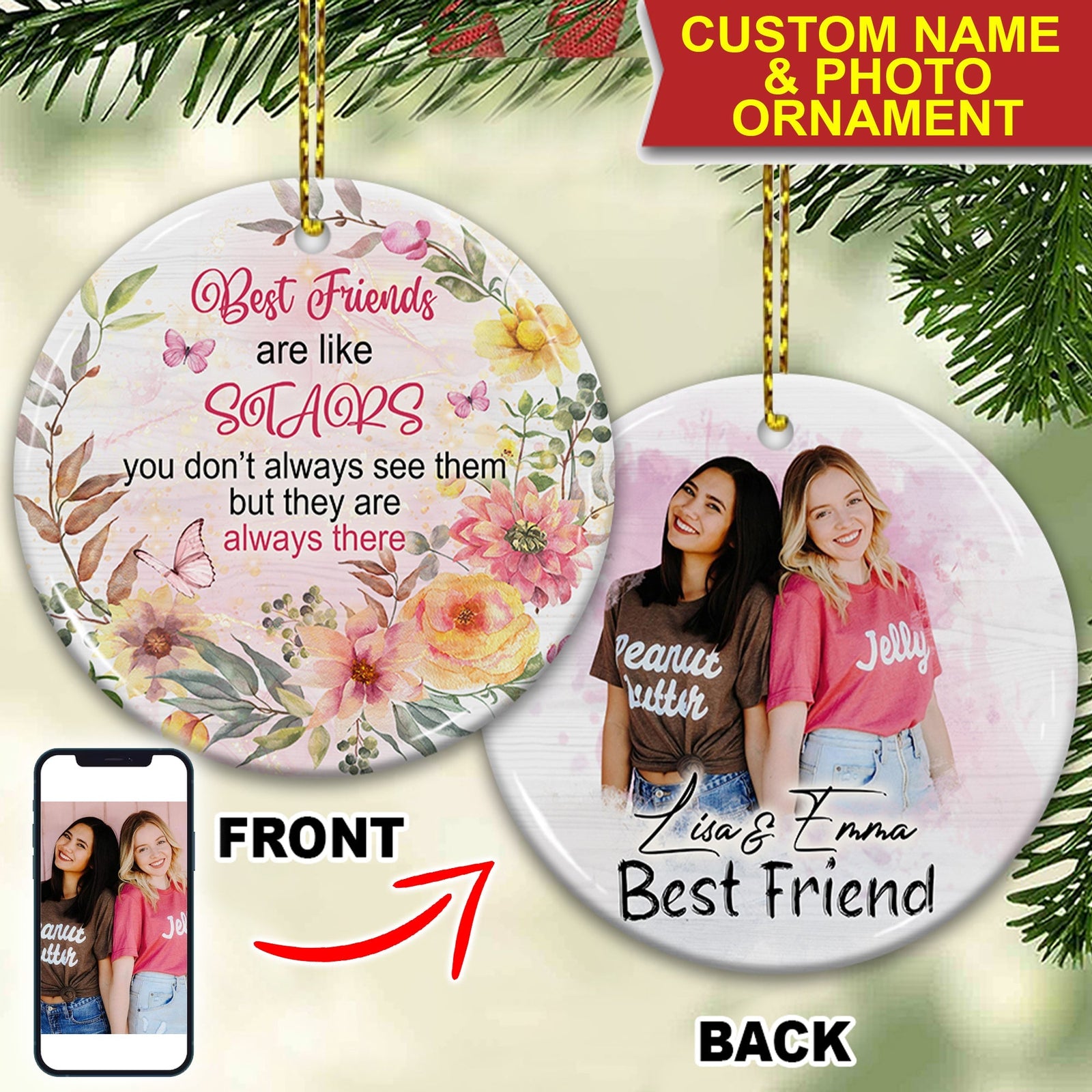 Blisscorners Best Friends Are Like Stars - Custom Photo And Names- Personalized 2 Sides Ceramic Ornament - Gift For Friend2D Flat LM2111