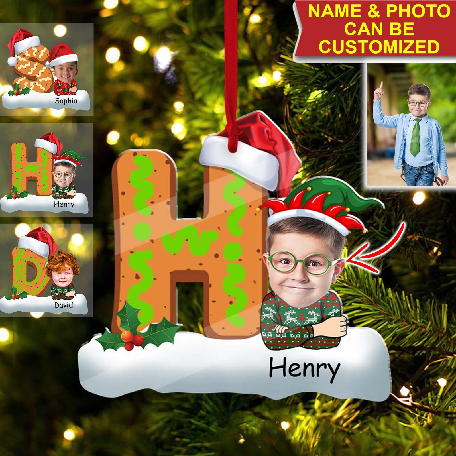 Blisscorners Letter And Kid Christmas - Custom Photo And Name, Personalized Acrylic Ornament - Gift For Christmas, Family Gift2D Flat LM2111