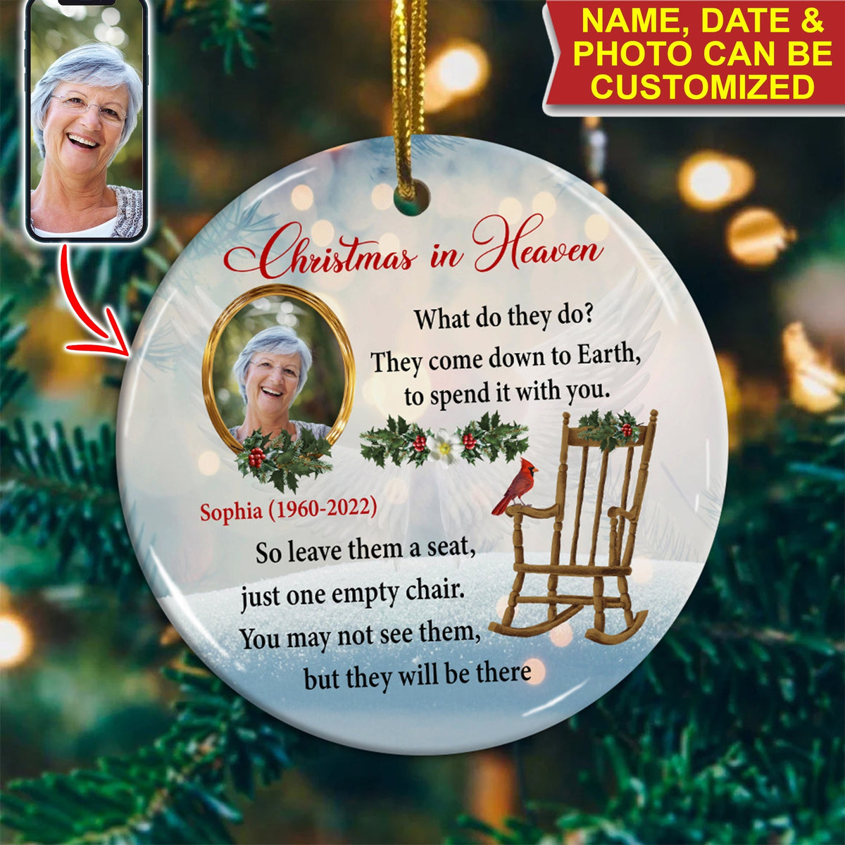 Blisscorners Christmas In Heaven , Custom Photo And Text- Personalized Ceramic Ornament - Gift For Christmas, Gift For Family, Memorial Gift2D Flat LM2111