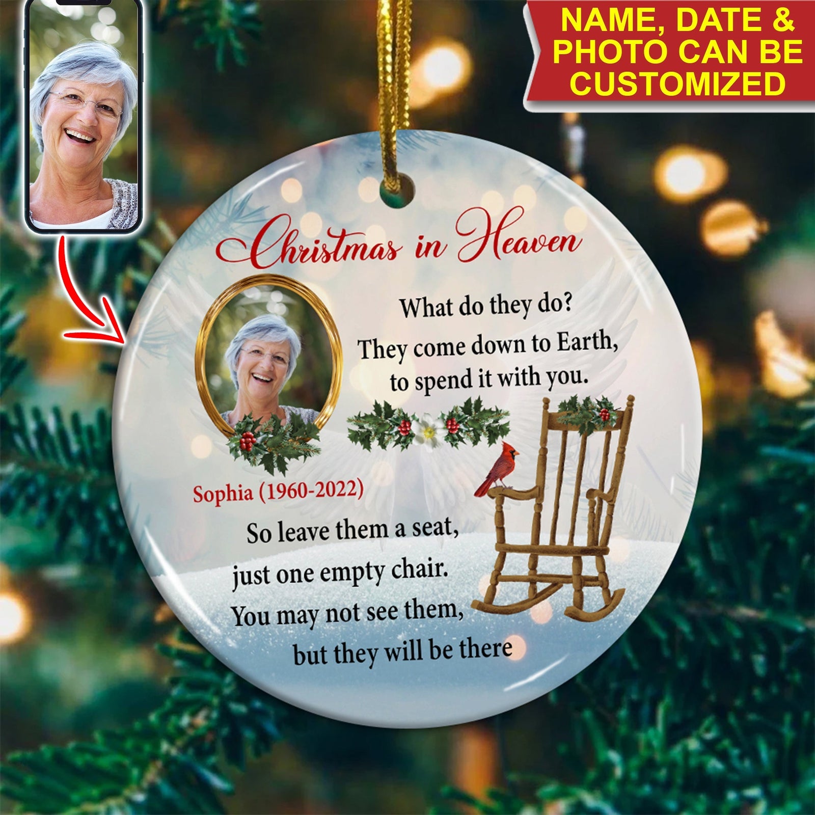 Blisscorners Christmas In Heaven , Custom Photo And Text- Personalized Ceramic Ornament - Gift For Christmas, Gift For Family, Memorial Gift2D Flat LM2111