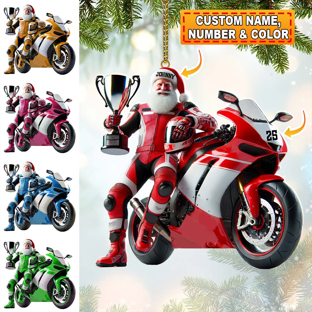 Blisscorners Custom Name and Number Santa Motorbike Ornament, Santa Christmas Gift2D Flat LM2111