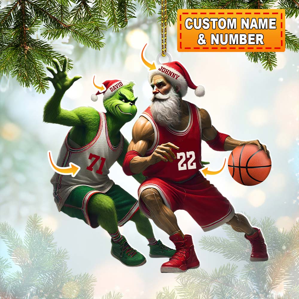 Blisscorners Custom Name and Number Santa and Grinch Basketball Ornament, Christmas Gift for Basketball Lover2D Flat LM2111