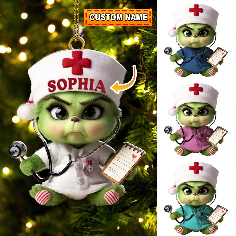Blisscorners Custom Name Nurse Grinch Ornament, Christmas Gift for Nurse2D Flat LM2111