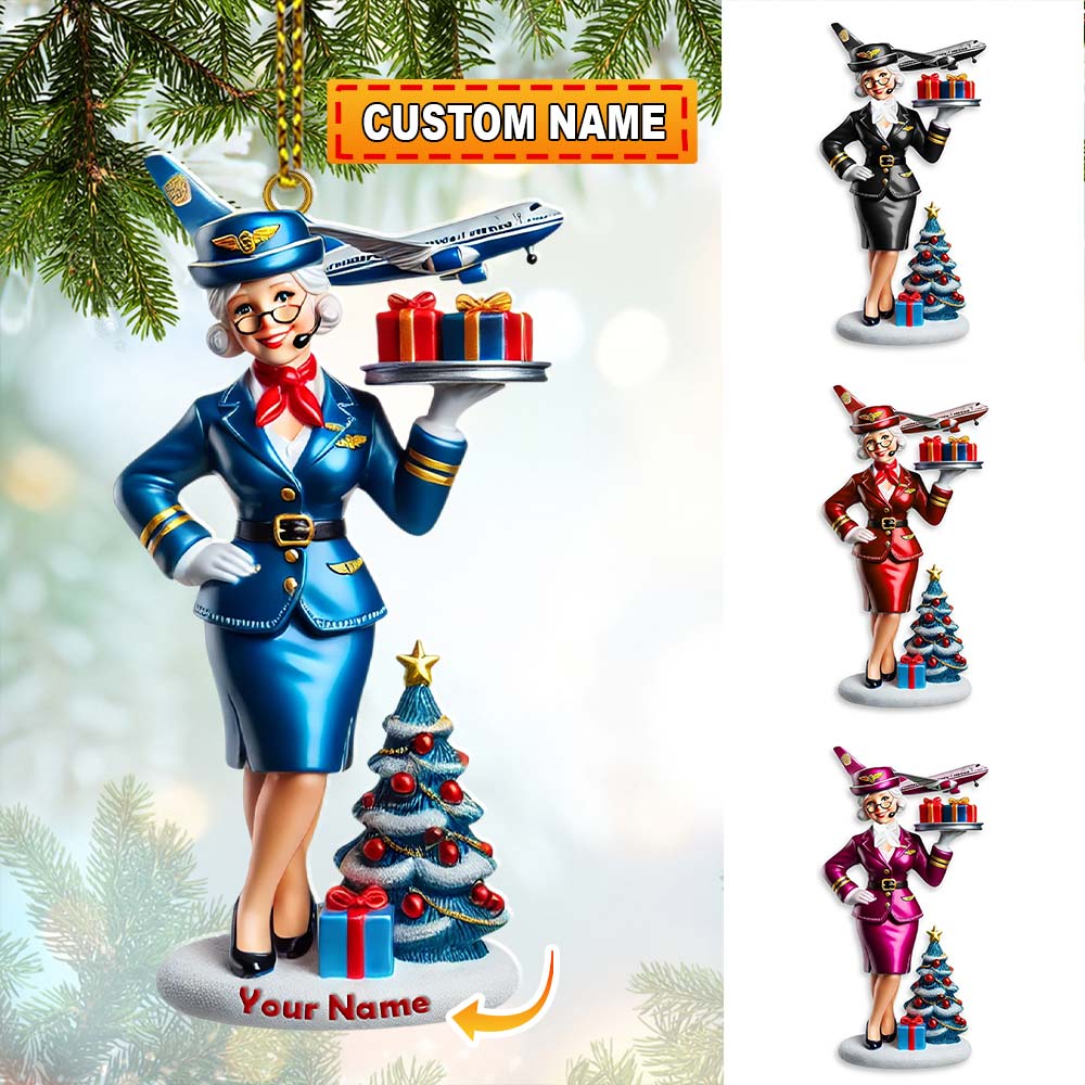 Blisscorners Custom Name Flight Attendant Santa Ornament, Flight Attendant Christmas Gift2D Flat LM2111