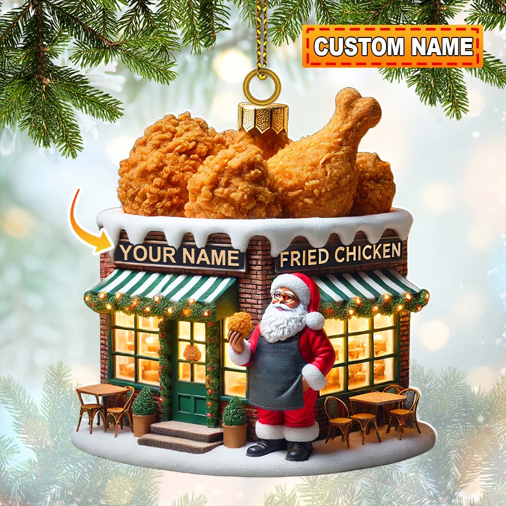 Blisscorners Custom Name Santa Fried Chicken Ornament, Fried Chicken Shop Christmas Decoration2D Flat LM2111