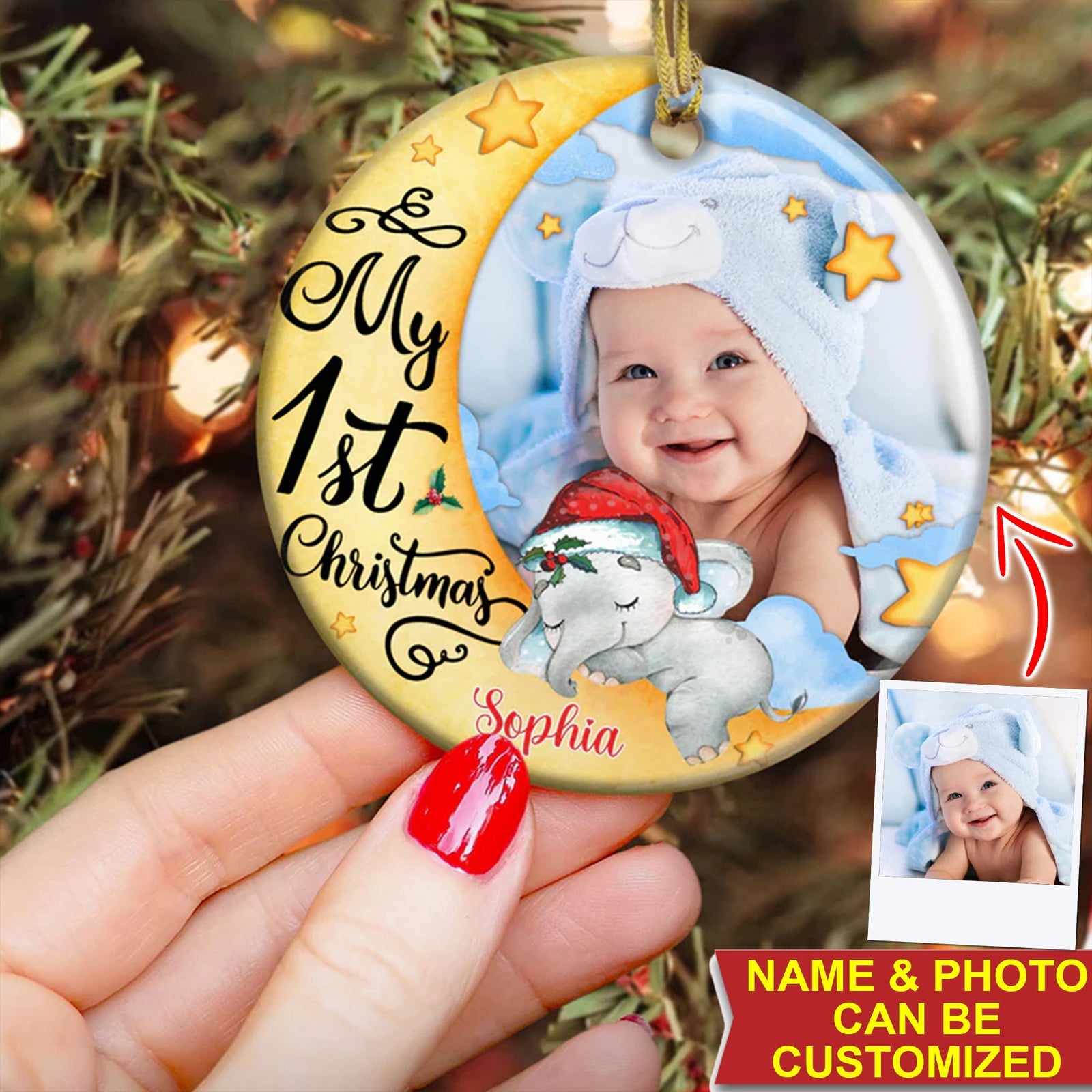 Blisscorners My Baby First Christmas, Custom Photo And Name- Personalized Ceramic Ornament - Gift For Christmas, Gift For Family2D Flat LM2111