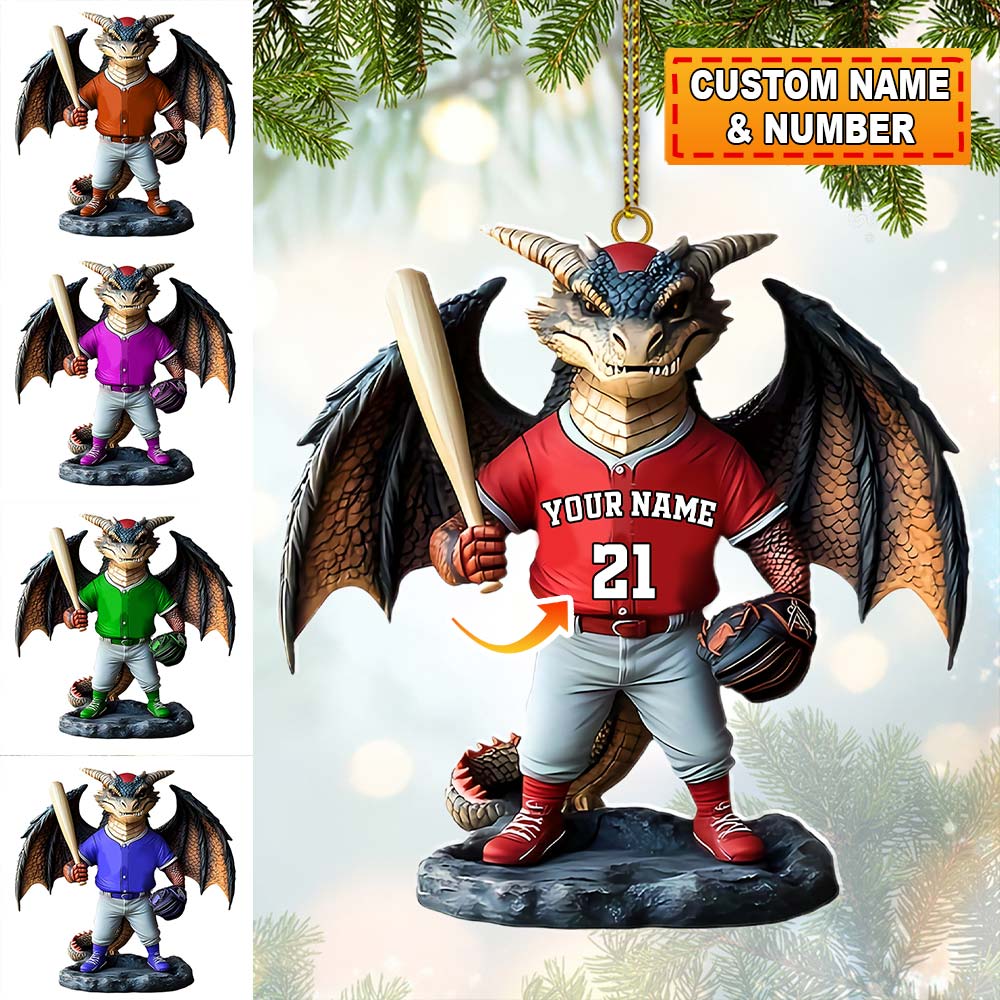 Blisscorners Custom Name and Number Baseball Dragon Ornament, Christmas Gift for Baseball Lover2D Flat LM2111
