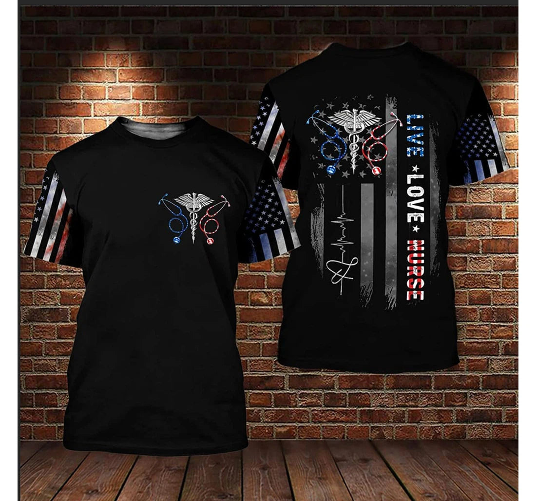 Blisscorners Live Love Nurse American Flag Pattern 3D Shirt, Flag Heart Beat Shirt, Nurse Uniform