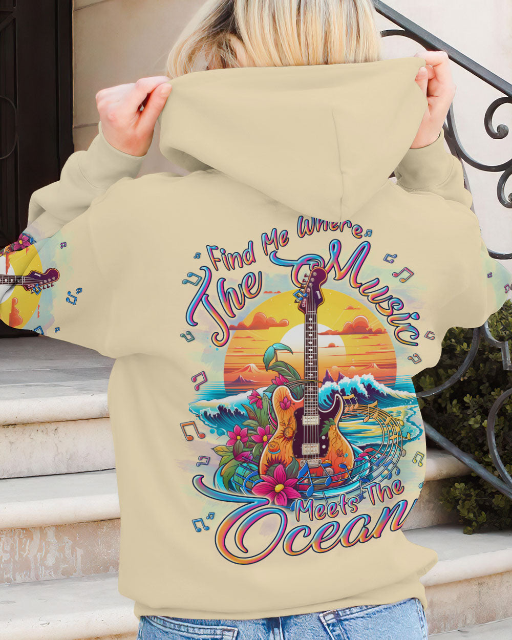 BLISSCORNERS FIND ME WHERE THE MUSIC MEETS THE OCEAN GUITAR ALL OVER PRINT