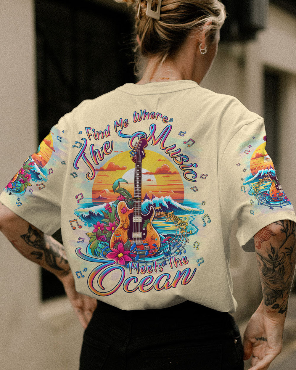 BLISSCORNERS FIND ME WHERE THE MUSIC MEETS THE OCEAN GUITAR ALL OVER PRINT