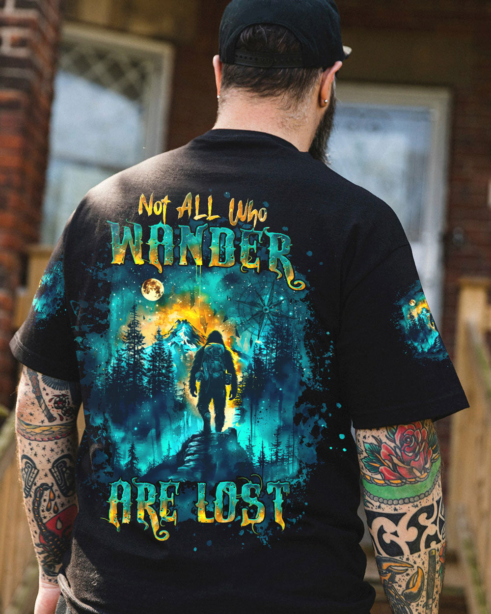 BLISSCORNERS NOT ALL WHO WANDER ARE LOST BIGFOOT COMPASS ALL OVER PRINT