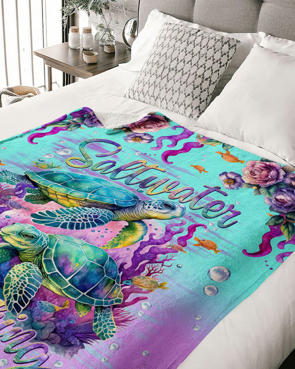 BLISSCORNERS SALTWATER HEALS EVERYTHING TURTLE WOVEN AND FLEECE BLANKET