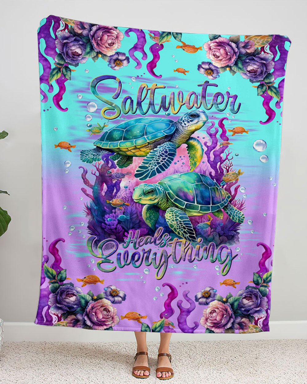 BLISSCORNERS SALTWATER HEALS EVERYTHING TURTLE WOVEN AND FLEECE BLANKET