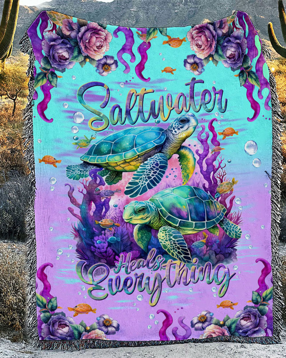 BLISSCORNERS SALTWATER HEALS EVERYTHING TURTLE WOVEN AND FLEECE BLANKET