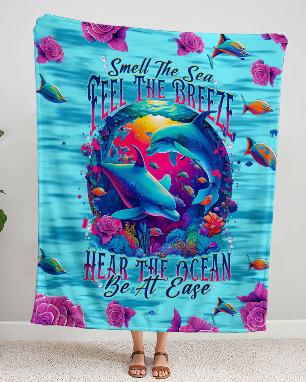 BLISSCORNERS SMELL THE SEA FEEL THE BREEZE DOLPHIN WOVEN AND FLEECE BLANKET