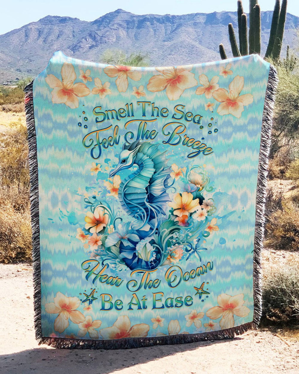 BLISSCORNERS SMELL THE SEA FEEL THE BREEZE SEAHORSE WOVEN AND FLEECE BLANKET