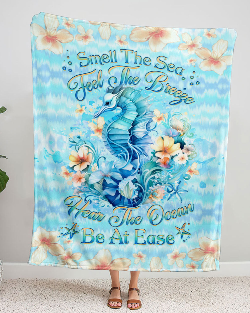 BLISSCORNERS SMELL THE SEA FEEL THE BREEZE SEAHORSE WOVEN AND FLEECE BLANKET