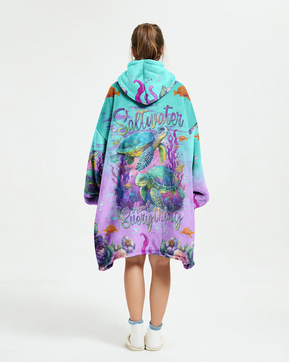 BLISSCORNERS SALTWATER HEALS EVERYTHING TURTLE SHERPA BLANKET HOODIE