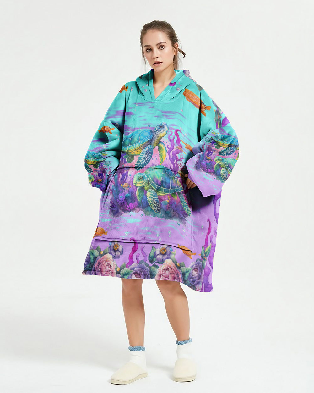 BLISSCORNERS SALTWATER HEALS EVERYTHING TURTLE SHERPA BLANKET HOODIE