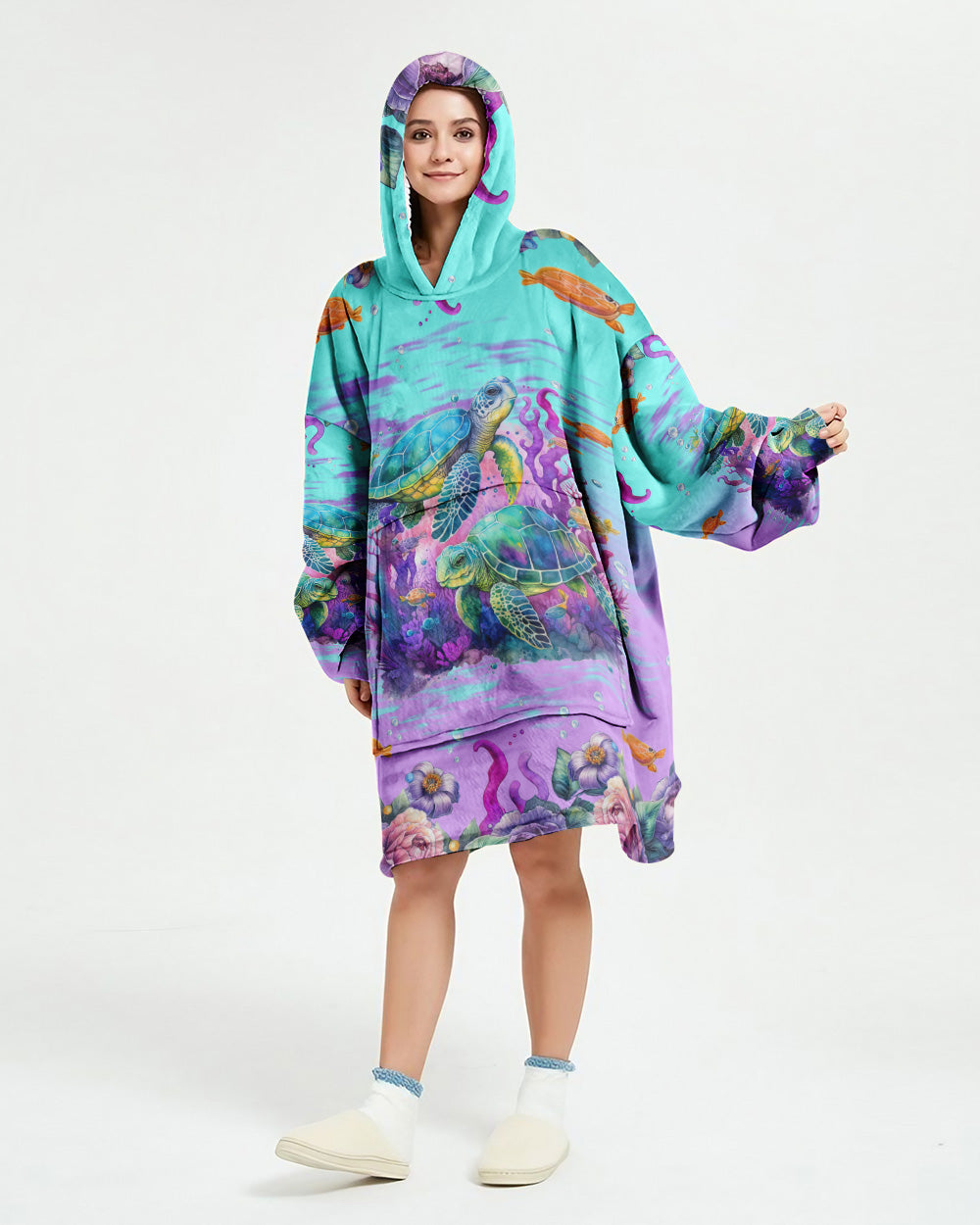 BLISSCORNERS SALTWATER HEALS EVERYTHING TURTLE SHERPA BLANKET HOODIE
