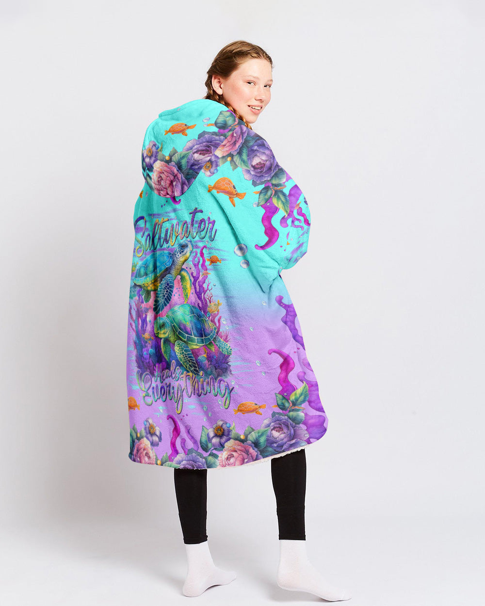 BLISSCORNERS SALTWATER HEALS EVERYTHING TURTLE SHERPA BLANKET HOODIE