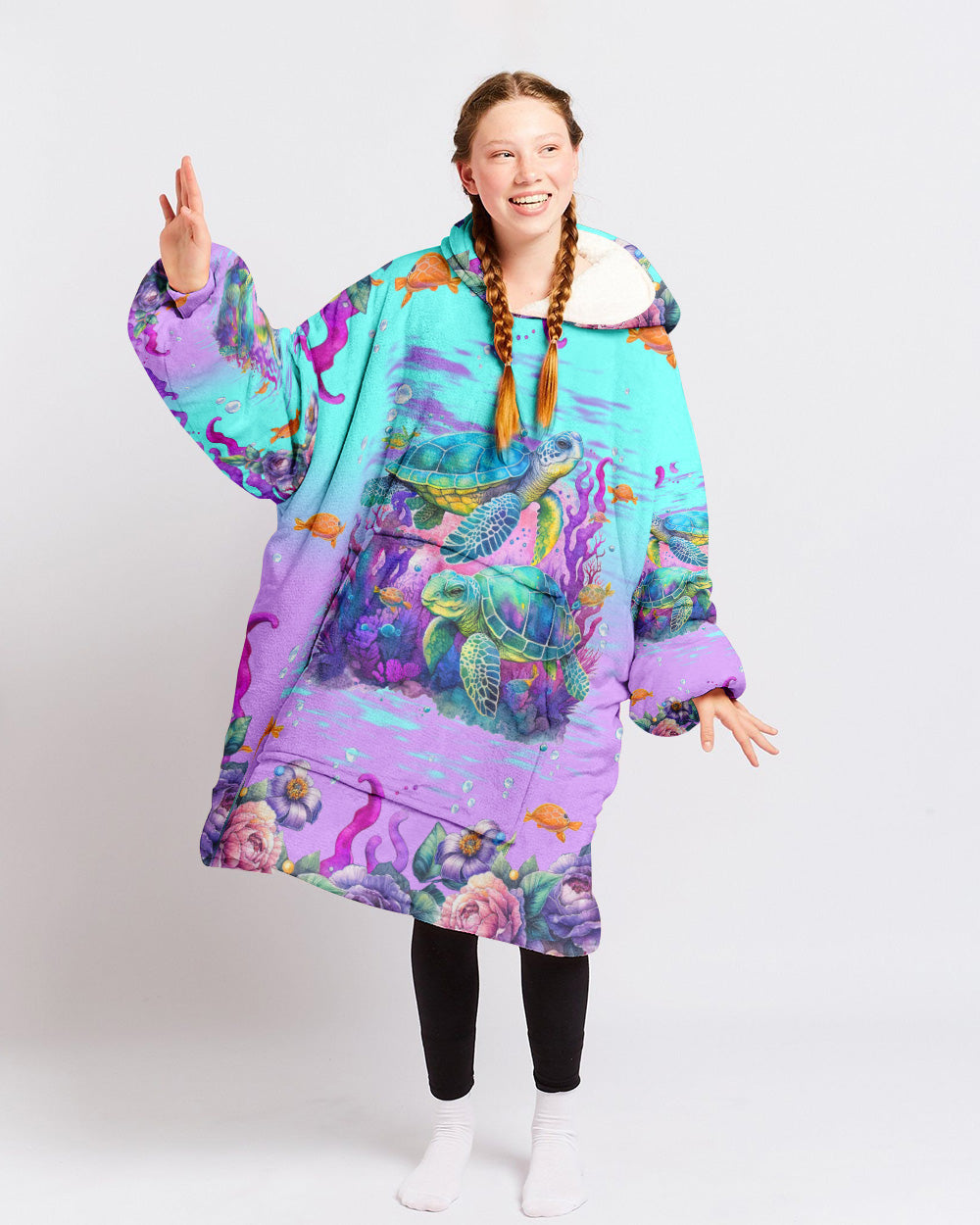 BLISSCORNERS SALTWATER HEALS EVERYTHING TURTLE SHERPA BLANKET HOODIE