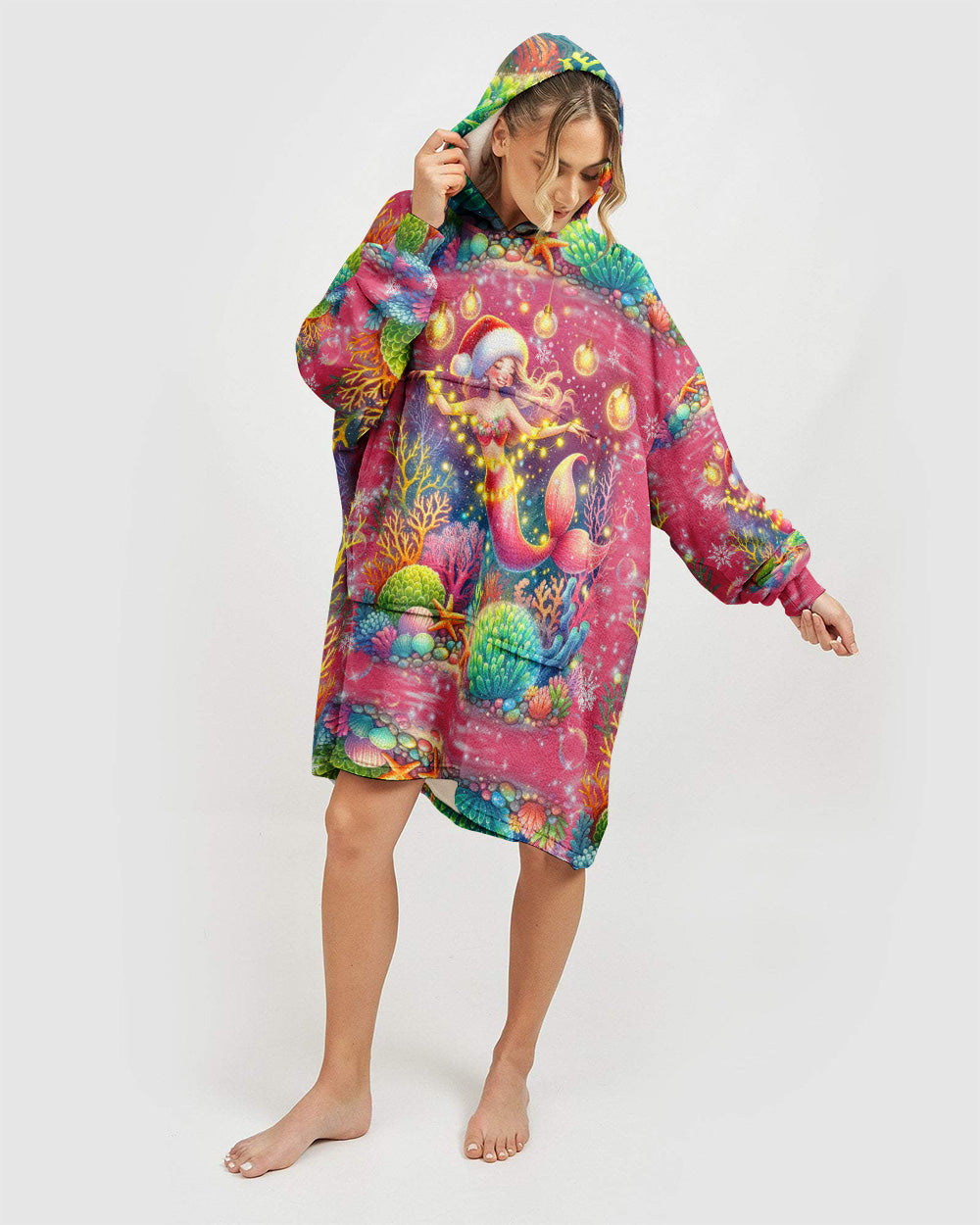 BLISSCORNERS HOLLY JOLLY MERMAID CHRISTMAS SHERPA BLANKET HOODIE