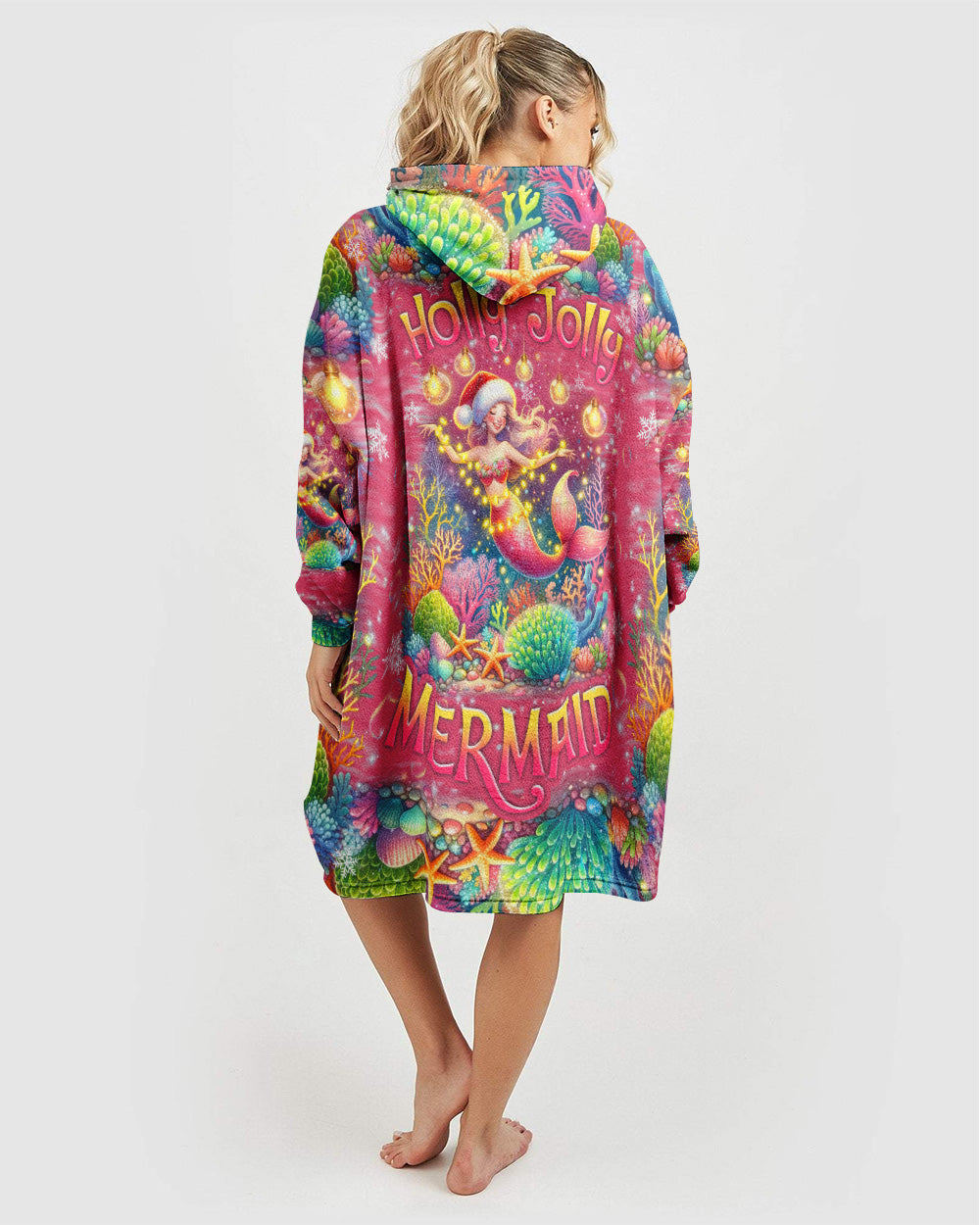 BLISSCORNERS HOLLY JOLLY MERMAID CHRISTMAS SHERPA BLANKET HOODIE