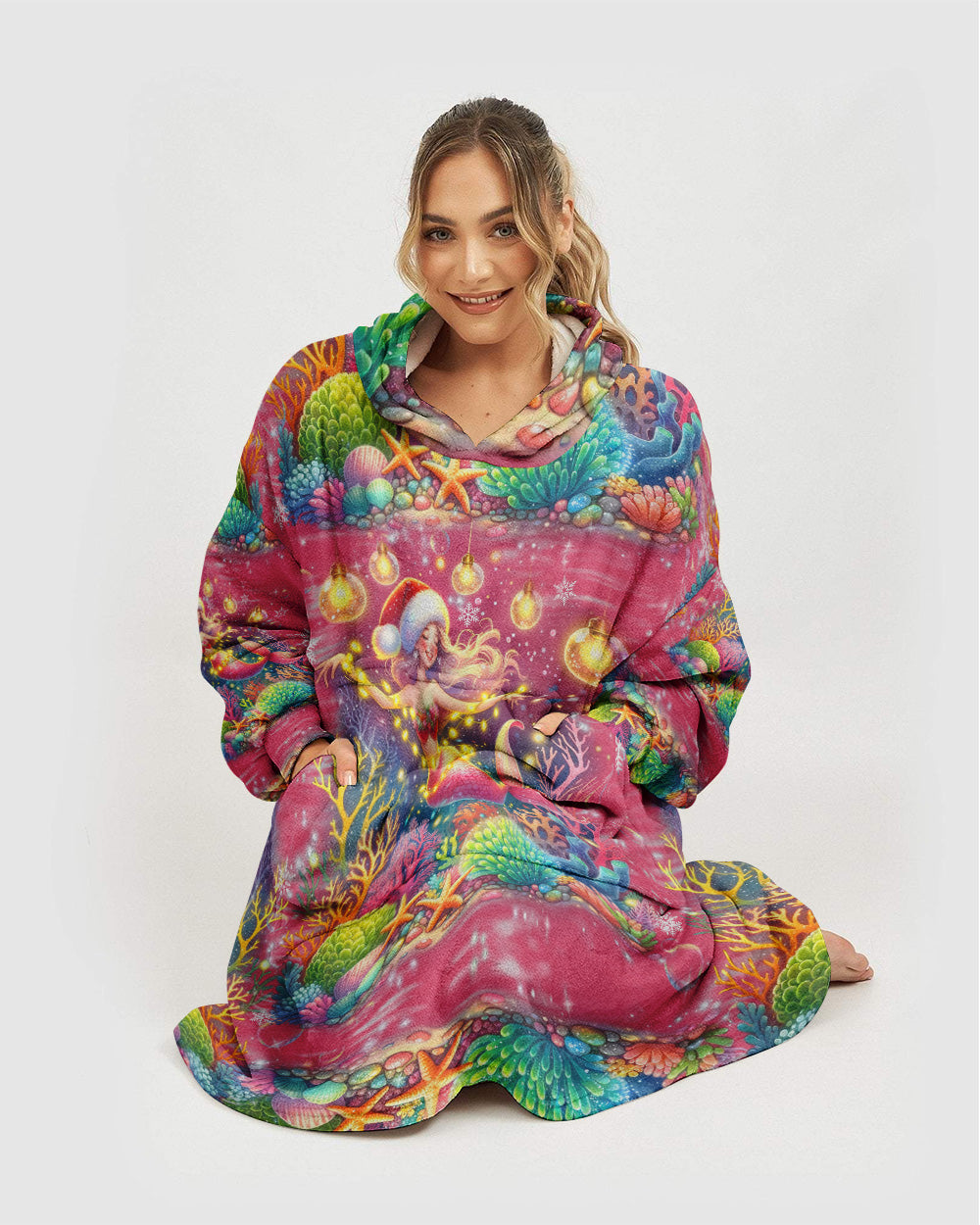 BLISSCORNERS HOLLY JOLLY MERMAID CHRISTMAS SHERPA BLANKET HOODIE