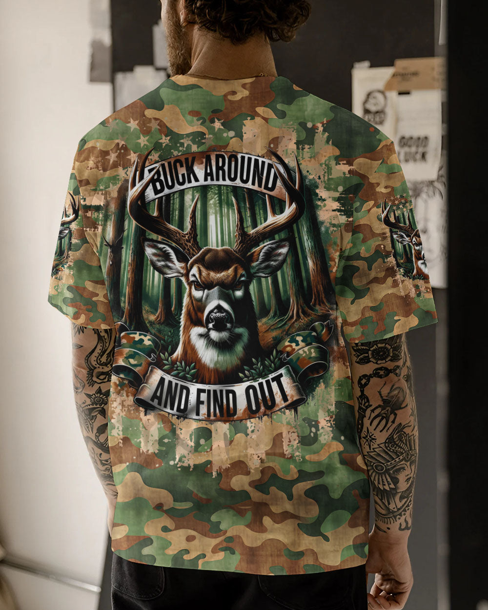 BLISSCORNERS BUCK AROUND AND FIND OUT DEER HUNTING ALL OVER PRINT