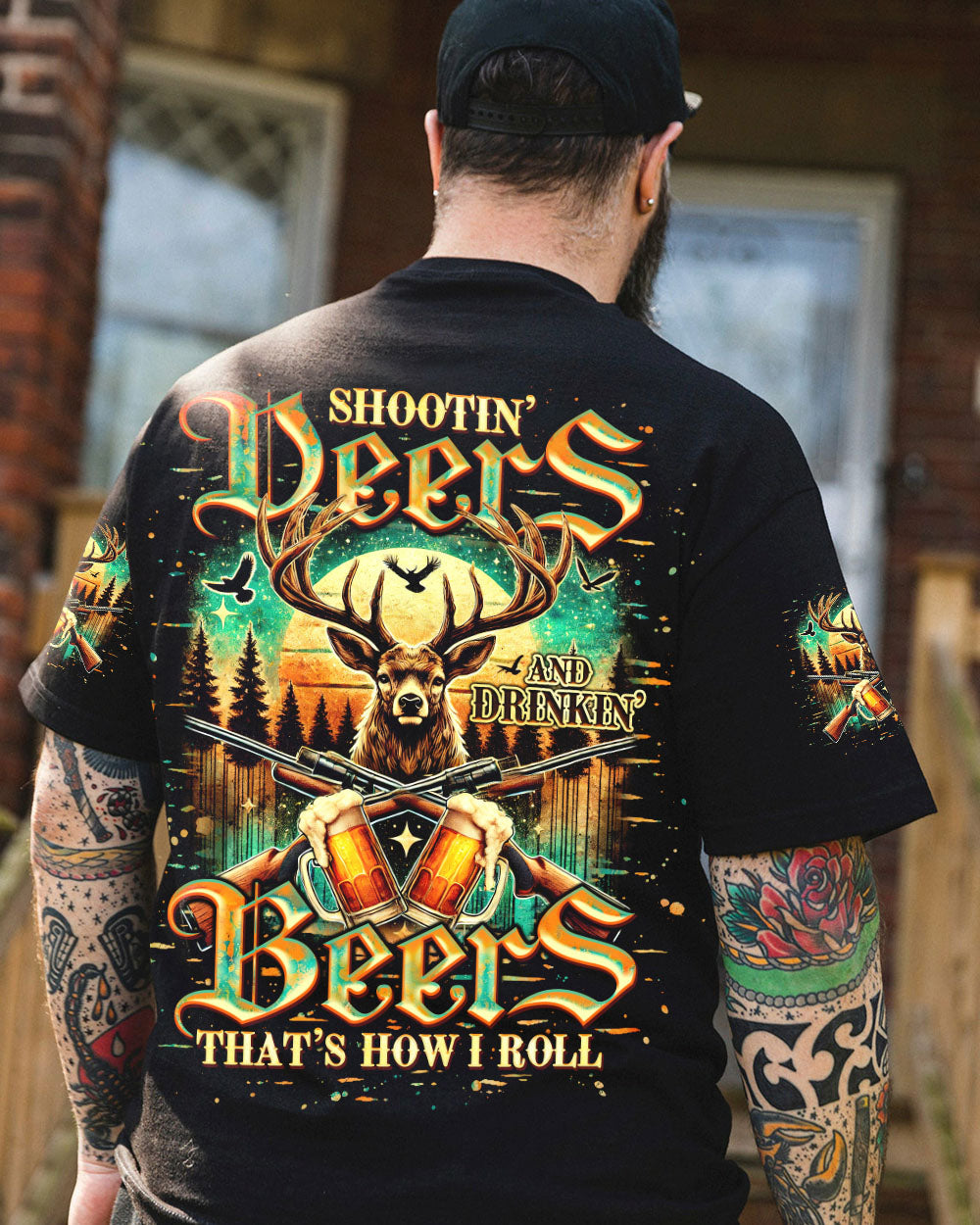 BLISSCORNERS SHOOTING DEERS AND DRINKING BEERS ALL OVER PRINT