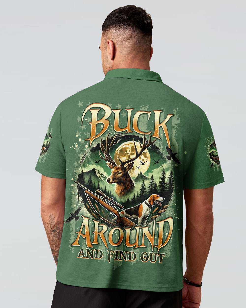 BLISSCORNERS BUCK AROUND AND FIND OUT DEER HUNTING FOXHOUND DOG ALL OVER PRINT