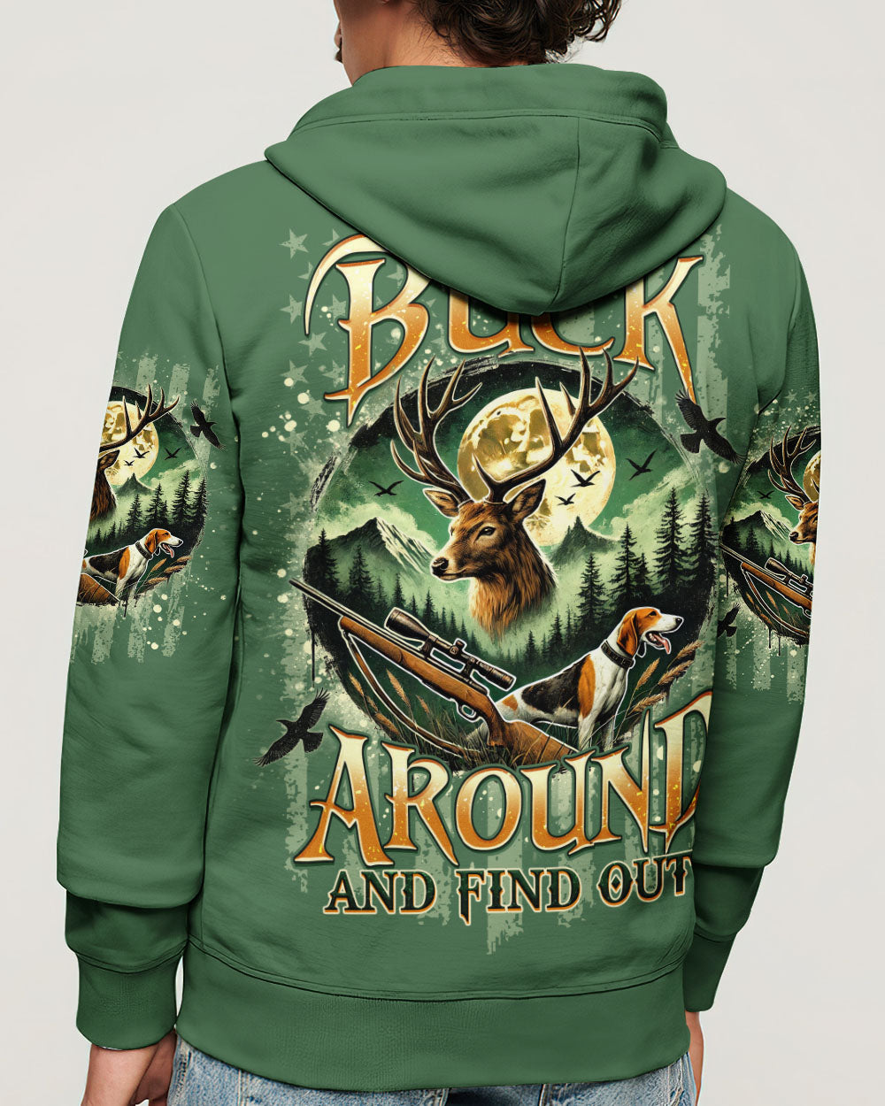 BLISSCORNERS BUCK AROUND AND FIND OUT DEER HUNTING FOXHOUND DOG ALL OVER PRINT
