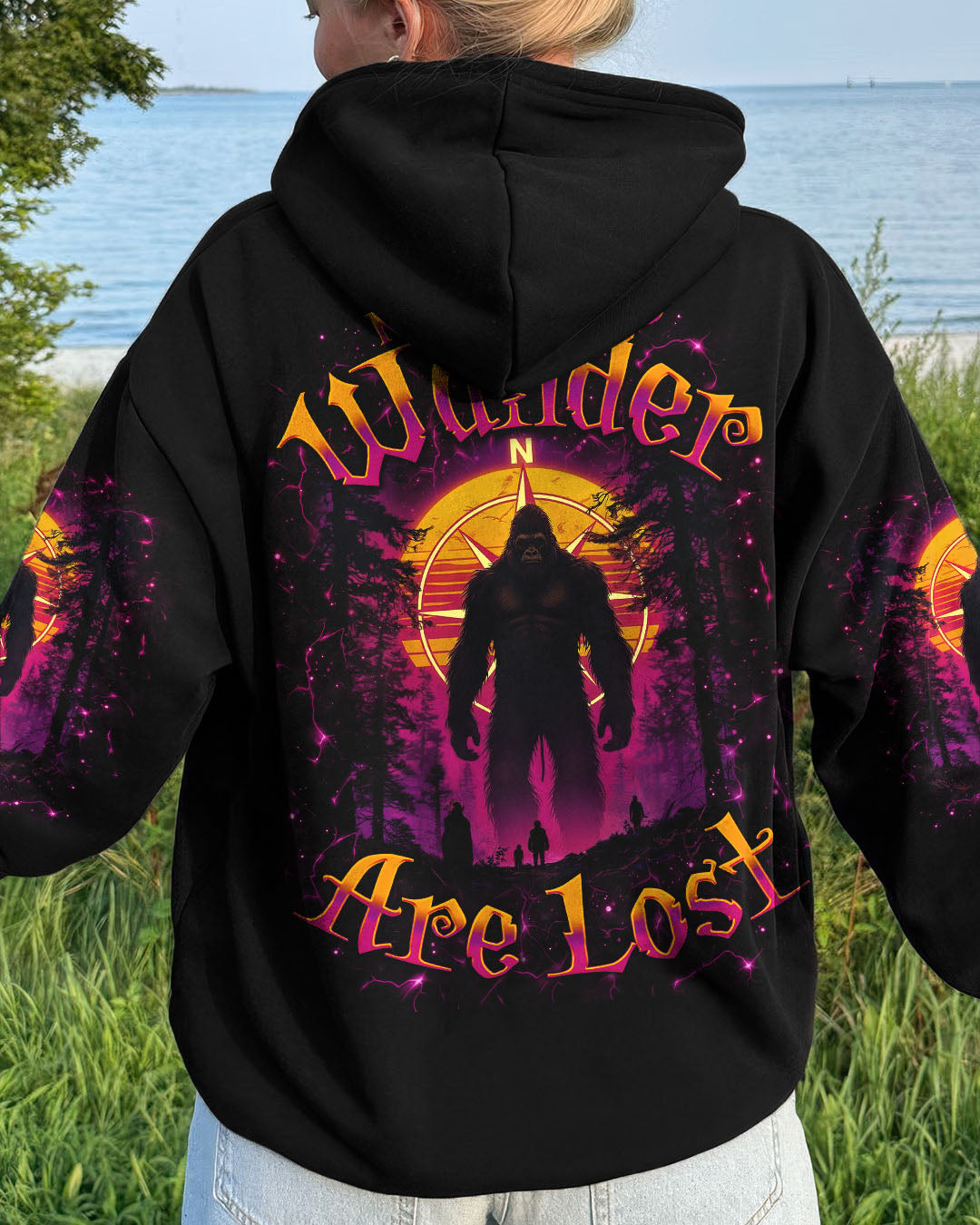 BLISSCORNERS NOT ALL WHO WANDER ARE LOST BIGFOOT  COMPASS ALL OVER PRINT