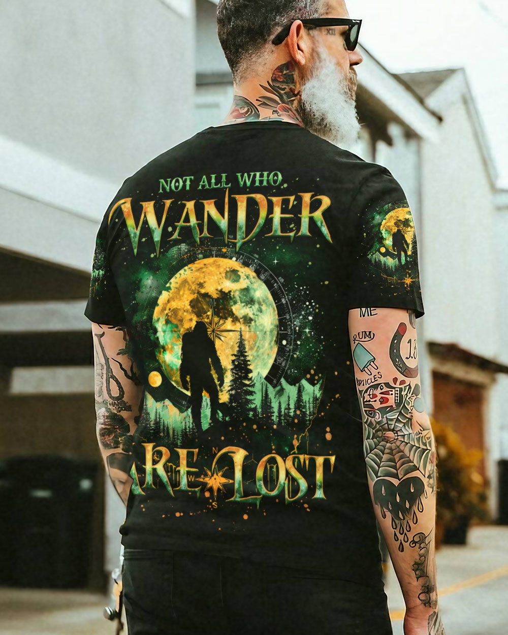 BLISSCORNERS NOT ALL WHO WANDER ARE LOST BIGFOOT COMPASS ALL OVER PRINT